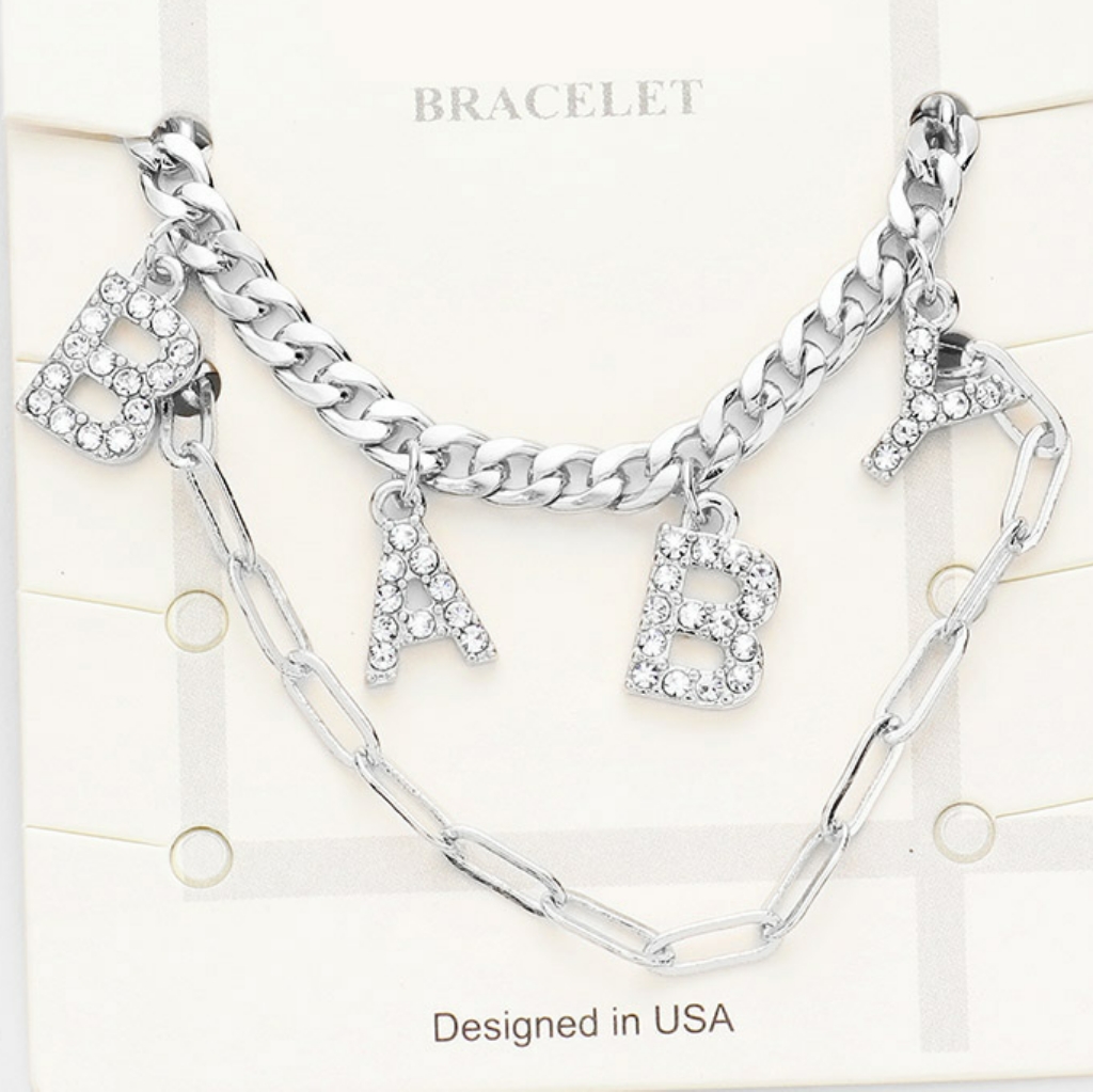 Silver Rhinestone Baby Word Dangle Charm Bracelet 32$